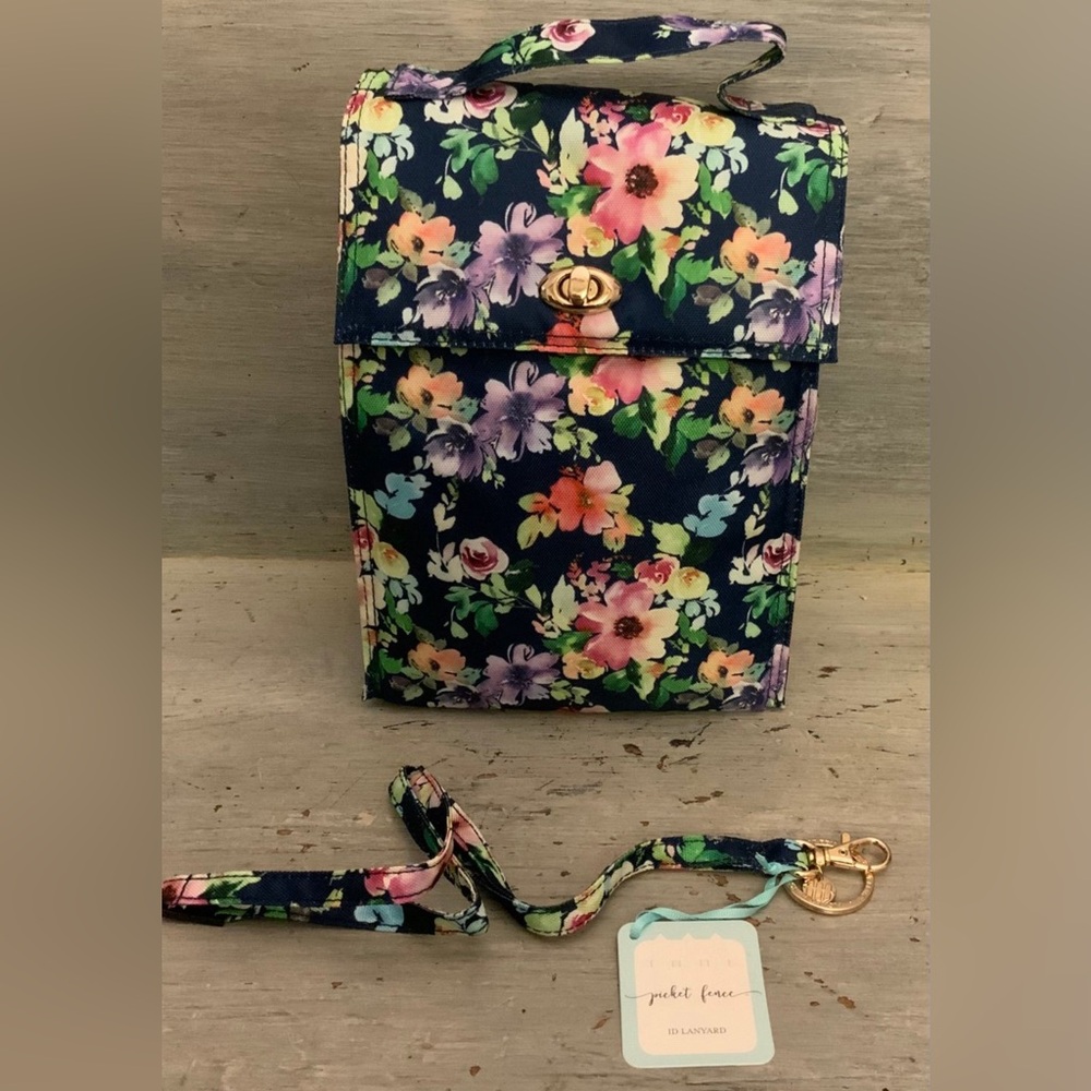 Picket‎ Fence Floral Insulated Cooler Lunch Bag with Matching Lanyard NWT